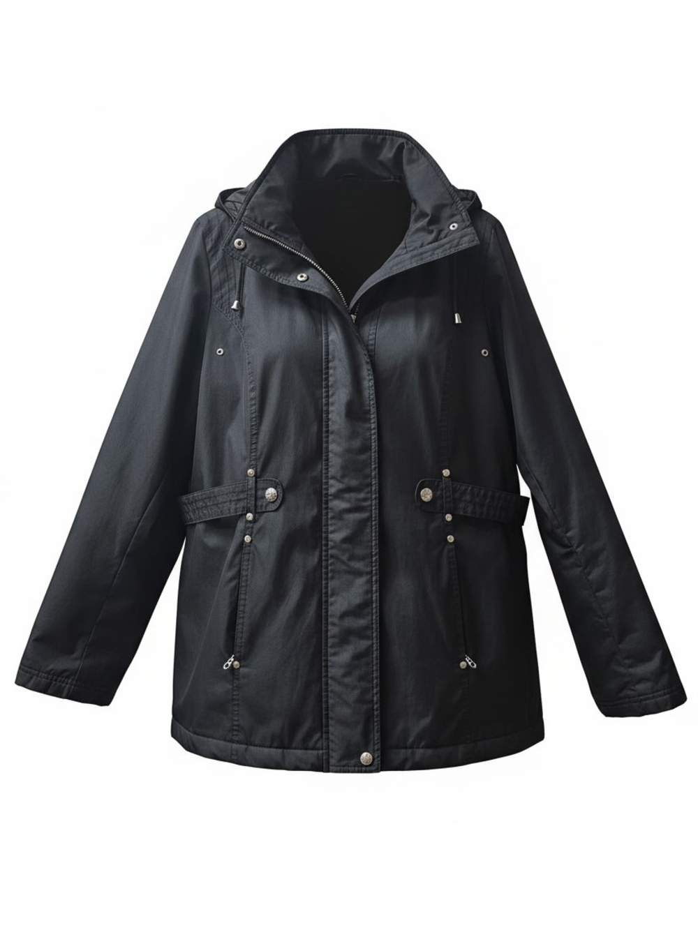 Women's Black Hooded Utility Jacket with Waist Tabs